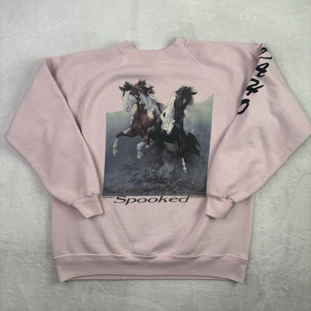 VTG Hanes Idaho Spooked 1992 Horse Pink Pullover Fleece Sweatshirt Size Large